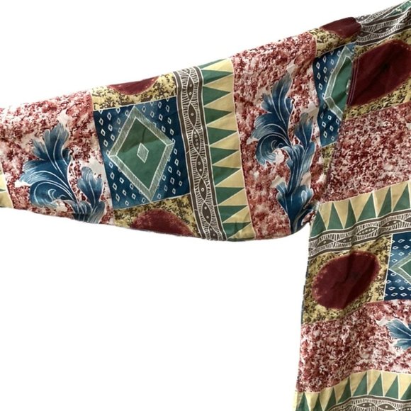 SOLD On EB-AY Vintage 100% Silk Geometric Earth Tone Button Down Shirt Unisex - Picture 3 of 10